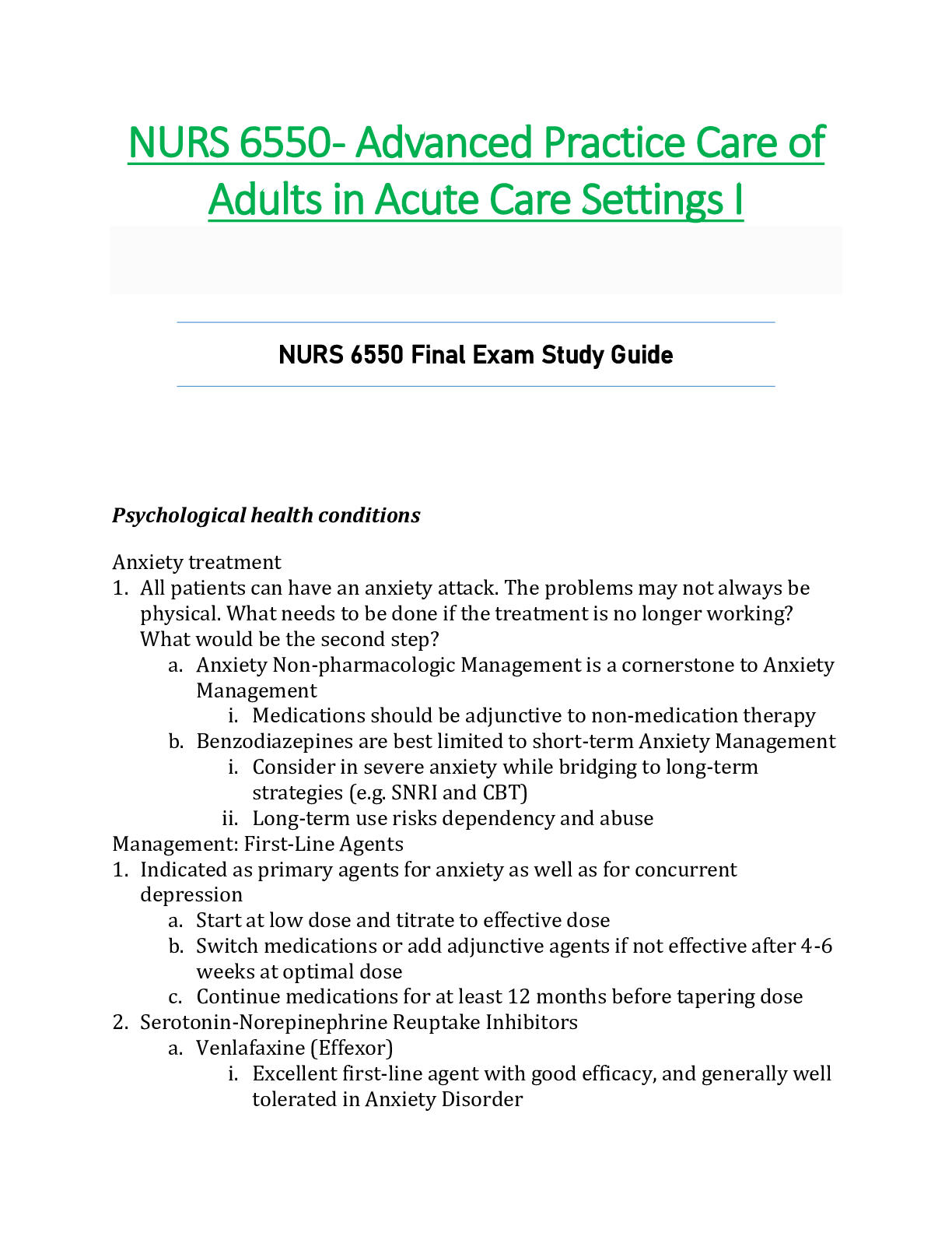 Preview of NURS6550 / NURS 6550 Final Exam Study Guide  : Advanced Practice Care of Adults in Acute C